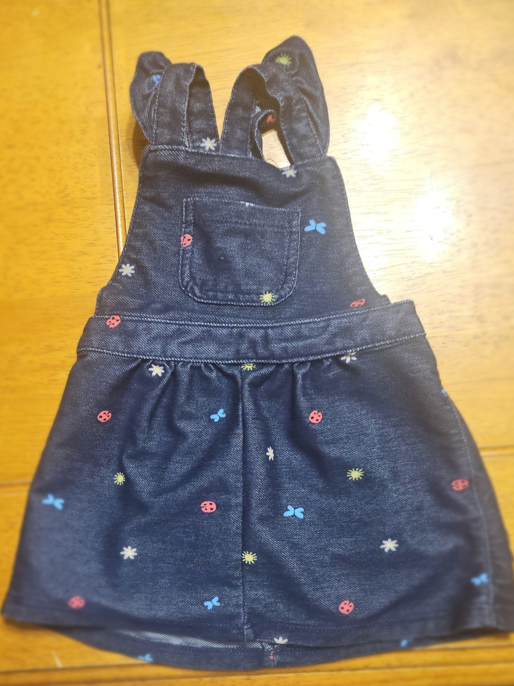 Carter's Dark Blue Denim Pinafore Romper Dress with Colorful Bug Embroidery